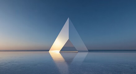 A reflective, geometric prism against a gradient sky and a smooth, mirroring surface