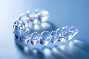 Close-up view of a clear, transparent orthodontic aligner tray against a gradient blue background