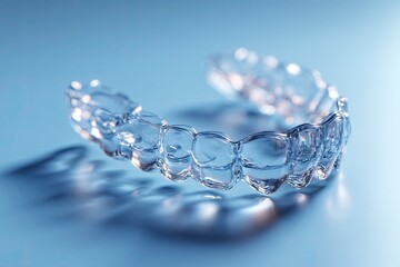 Clear plastic dental device, shaped like a mouthguard, rests on a blue surface