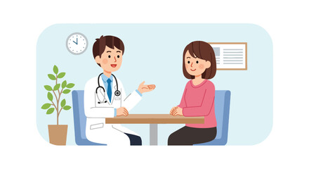 Flat style illustration of a doctor talking to a patient in a clinic, discussing mental health, wellness, and medical care, symbolizing empathy, support, and professional healthcare