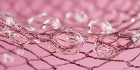 Macro shot of water droplets clinging to a net-like structure, set against a soft, pink background