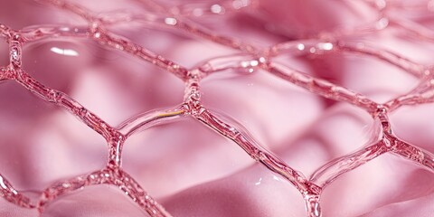 Close-up shot of a translucent, honeycomb-like structure over a soft, pink background