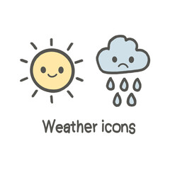 Cute kawaii weather icons set with smiling sun and sad rainy cloud, cartoon vector illustration for kids and forecast design