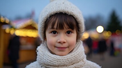 Adorable child in cozy winter attire, European girl, captures festive Yuletide spirit, illuminated by twinkling Christmas market lights