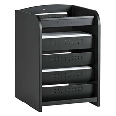 Black, multi-shelf, open-front cabinet, likely for electronic devices or storage, against black