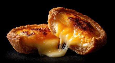 Close-up of two halves of an egg custard tart, with golden crust, on a black backdrop