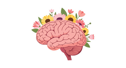 Flat style illustration of a human brain blooming with flowers, symbolizing positive mental health, mindfulness, creativity, growth, and emotional well-being