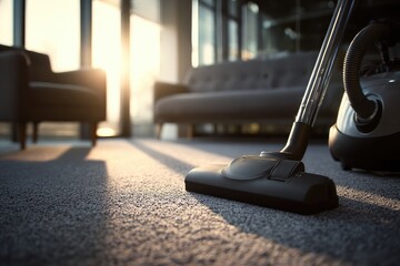 A carpeted room bathed in sunlight. A vacuum cleaner head is close to the floor. A sofa and chair sit in the background