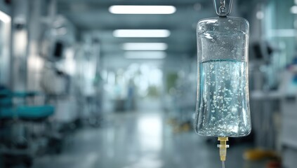 Medical setup with a saline drip in focus, hospital hallway in soft focus