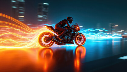 Obraz premium Motorcyclist on futuristic bike races through city at night. Rider moves fast creating dynamic motion blur with glowing light trails. Neon energy streams from motorcycle wheels on wet highway showing