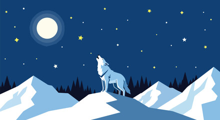 Vector art of a lone wolf howling at the full moon on a snowy mountain under a starry night sky, symbolizing wilderness, strength, freedom, and the beauty of nature © meeblues