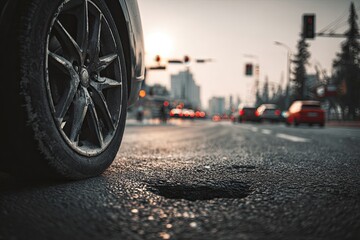 A close-up of a car wheel and a pothole on a city road at dusk