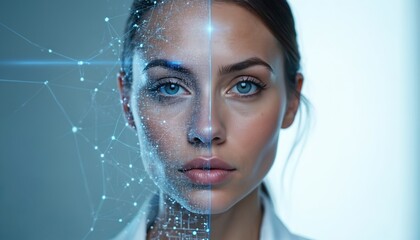Woman face divided into human, digital parts. Left side shows futuristic network of lines, dots. Right side displays realistic facial features. Blue eyes, lips prominent. Hair pulled back. White