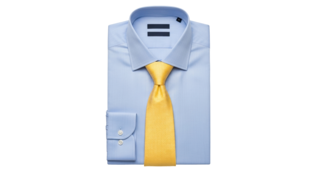 Isolated light blue dress shirt with yellow tie, professional business work clothes outfit