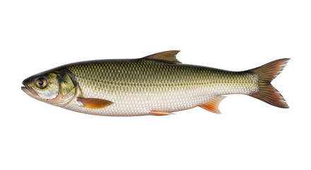 Isolated Asp fish freshwater river animal with olive green and silver scales in full length view