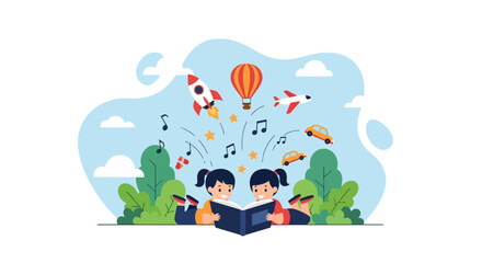 Flat style illustration of two happy children reading a magical book with rockets, stars, and hot air balloons, symbolizing imagination, creativity, and the joy of learning through stories