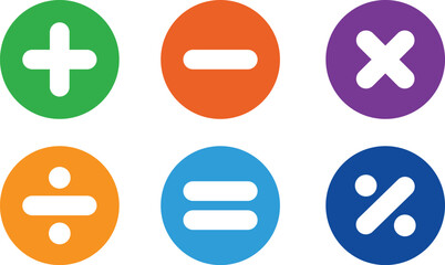 Obraz premium Colorful Vector Math Symbols Icon Set: Plus, Minus, Multiply, Divide, Equal, and Percent