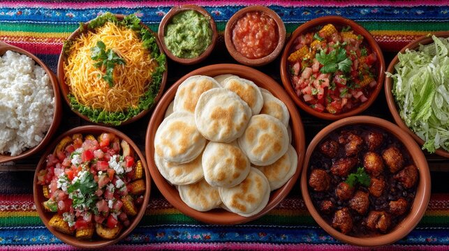 Vibrant Mexican feast unfolds on woven serape, tantalizing piquant delights for Dia de los Muertos and culinary escapades