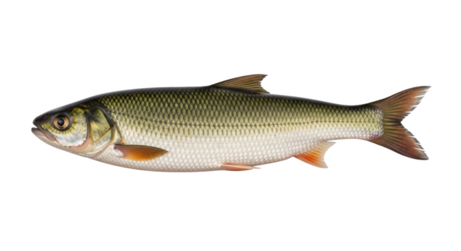 Isolated Asp fish freshwater river animal with olive green and silver scales in full length view