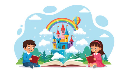 Flat style illustration of two children imagining a magical castle, rainbow, and hot air balloon emerging from an open book, symbolizing creativity, storytelling, and the power of imagination