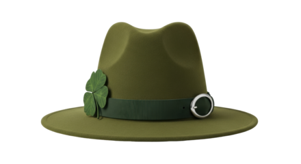 Isolated green hat with a clover and belt, a traditional accessory for costume or festival