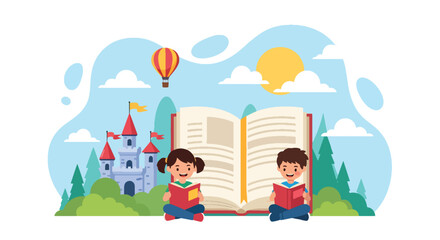 Flat style illustration of two children imagining a magical castle, rainbow, and hot air balloon emerging from an open book, symbolizing creativity, storytelling, and the power of imagination