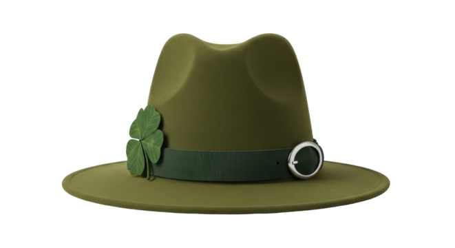 Isolated green hat with a clover and belt, a traditional accessory for costume or festival