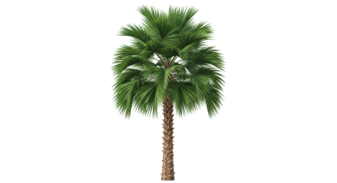 Isolated tropical palm tree showing fronds on tree trunk, perfect for decoration or illustration