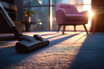 Interior shot of carpet being cleaned by vacuum, sunlight shining on pink armchair