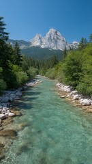 Obraz premium A crystal river serenades alpine majesty towards midsummer's eve, invoking reflection and rebirth between Earth Day and Solstice