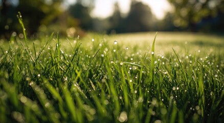 Close-up of vibrant green grass with dew drops sparkling in the morning sunlight