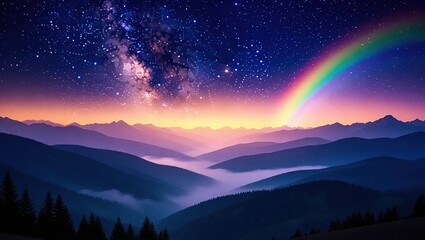 Celestial Rainbow Over Misty Mountain Valley at Night.