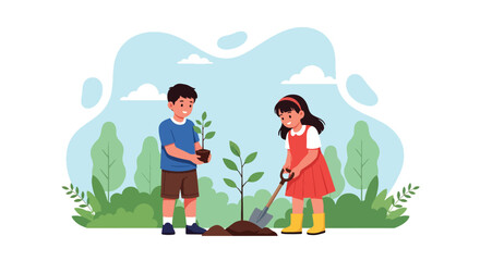 Flat style illustration of two children planting a tree together in a park, symbolizing environmental care, teamwork, sustainability, and the importance of nature and growth education