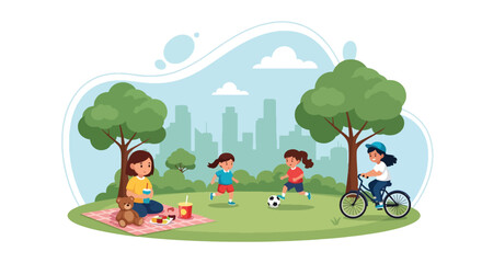 Flat style illustration of children enjoying outdoor activities in a city park, playing soccer, cycling, and having a picnic, symbolizing friendship, health, and active lifestyle