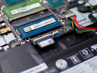 Close up of RAM Memory Modules on Laptop Motherboard