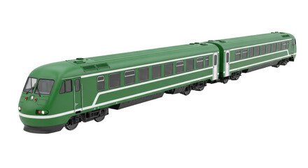 Isolated green electric multiple unit train EMU with two cars on clear background model railway