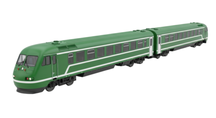 Isolated green electric multiple unit train EMU with two cars on clear background model railway