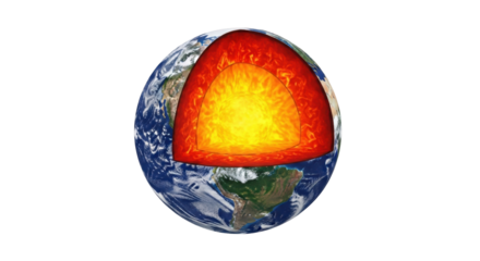 Isolated Earth globe showing a cross-section of the planet with magma core, earth model