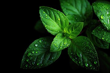 Lush, green herb with water droplets against a black background, highlighting texture and vibrancy