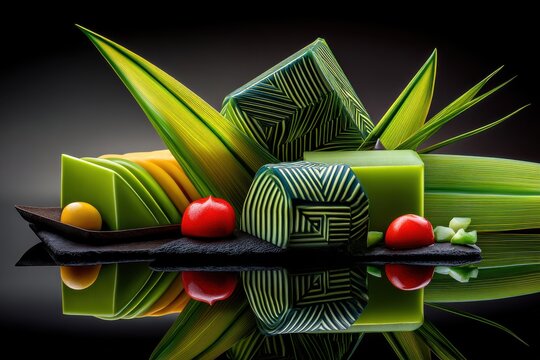 Vibrant green dessert display with intricate patterns and fresh ingredients on a sleek black surface