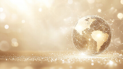 A holographic globe floats on a gold silver white bright background. The minimal modern scene symbolizes global connectivity and data transfer, blending cyber technology with clean light and open capt