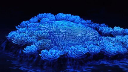Intricate patterns of a glowing blue coral colony illuminated in a dark underwater marine environment
