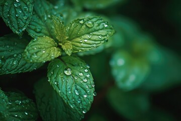 Close-up view of vibrant green foliage with glistening water droplets, creating a refreshing aesthetic