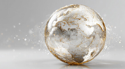 A holographic globe floats on a gold silver white bright background. The minimal modern scene symbolizes global connectivity and data transfer, blending cyber technology with clean light and open capt