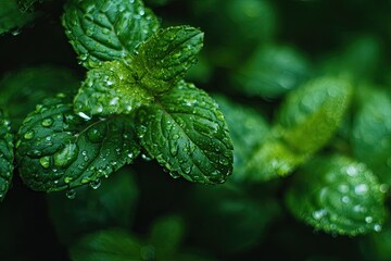 Close-up of fresh, wet, green leaves. Droplets on foliage, vibrant texture and detail