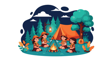 Flat style illustration of happy scouts camping in the forest, roasting marshmallows by a campfire near a tent, symbolizing teamwork, adventure, friendship, and outdoor learning