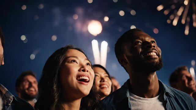 Diverse man and woman looking up watching sparkling fireworks explode in night sky from beginning to grand finale footage