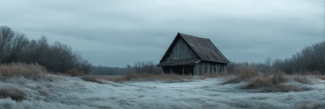 Rustic barn cloaked in frosty whispers evokes solitude, ideal for Simmer Dim, poetic retreat, or winter solitude