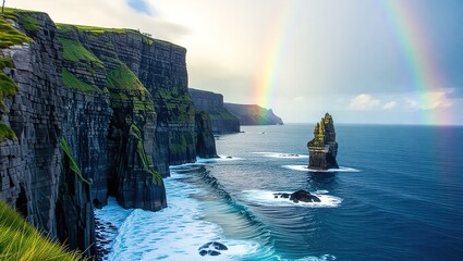 Cliffs of Moher with Rainbow over the Atlantic Ocean.