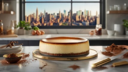 A perfectly baked cheesecake sits on a marble countertop, with a blurred city skyline visible through a large window